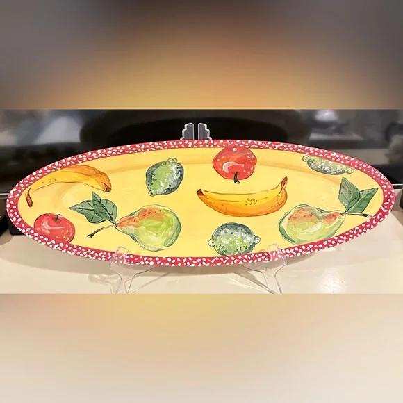 NEW DROLL DESIGNS Long Fruit Platter Tray Red Polka Dot Rim Handpainted signed